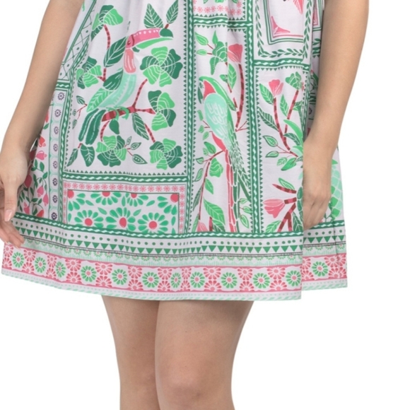 NWT CELINA MOON Puff Sleeve Tile Print Mini Dress Tropical Parrot - Picture 3 of 4